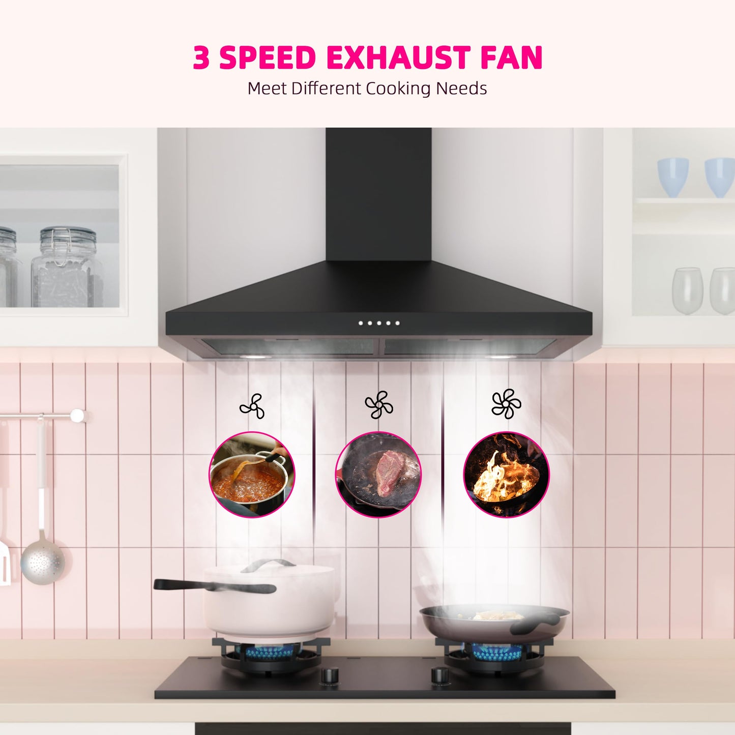 FIREGAS Black Range Hood 30 Inch, Wall Mount Kitchen Hood Ducted/Ductless Convertible, 450 CFM, 3-Speed Exhaust Fan, Stainless Steel Stove Vent for Kitchen with LED Lights, Charcoal Filters