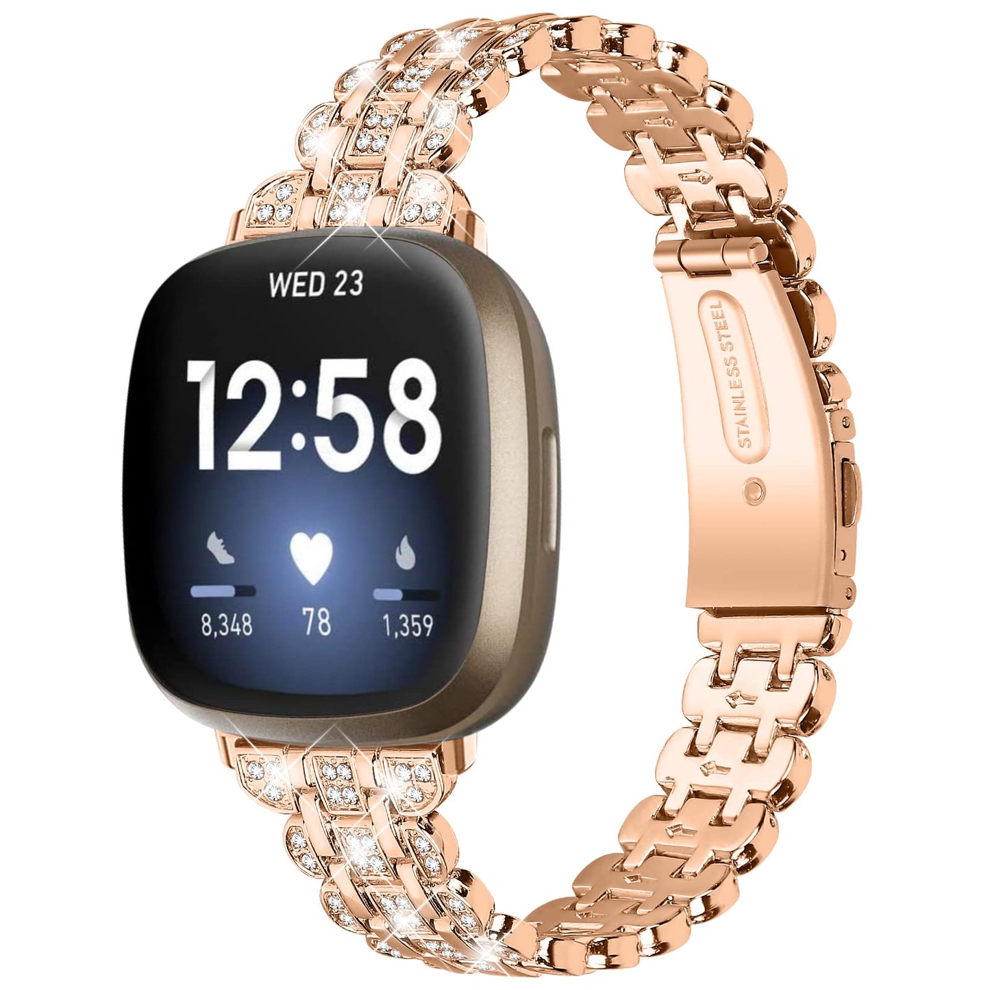 Replacement Watch Bands Compatible with Fitbit Versa 4/Sense 2 for Women,Stainless Steel Dressy Jewelry Bracelet Slim Bling Crystal Classy Metal Strap (RoseGold)