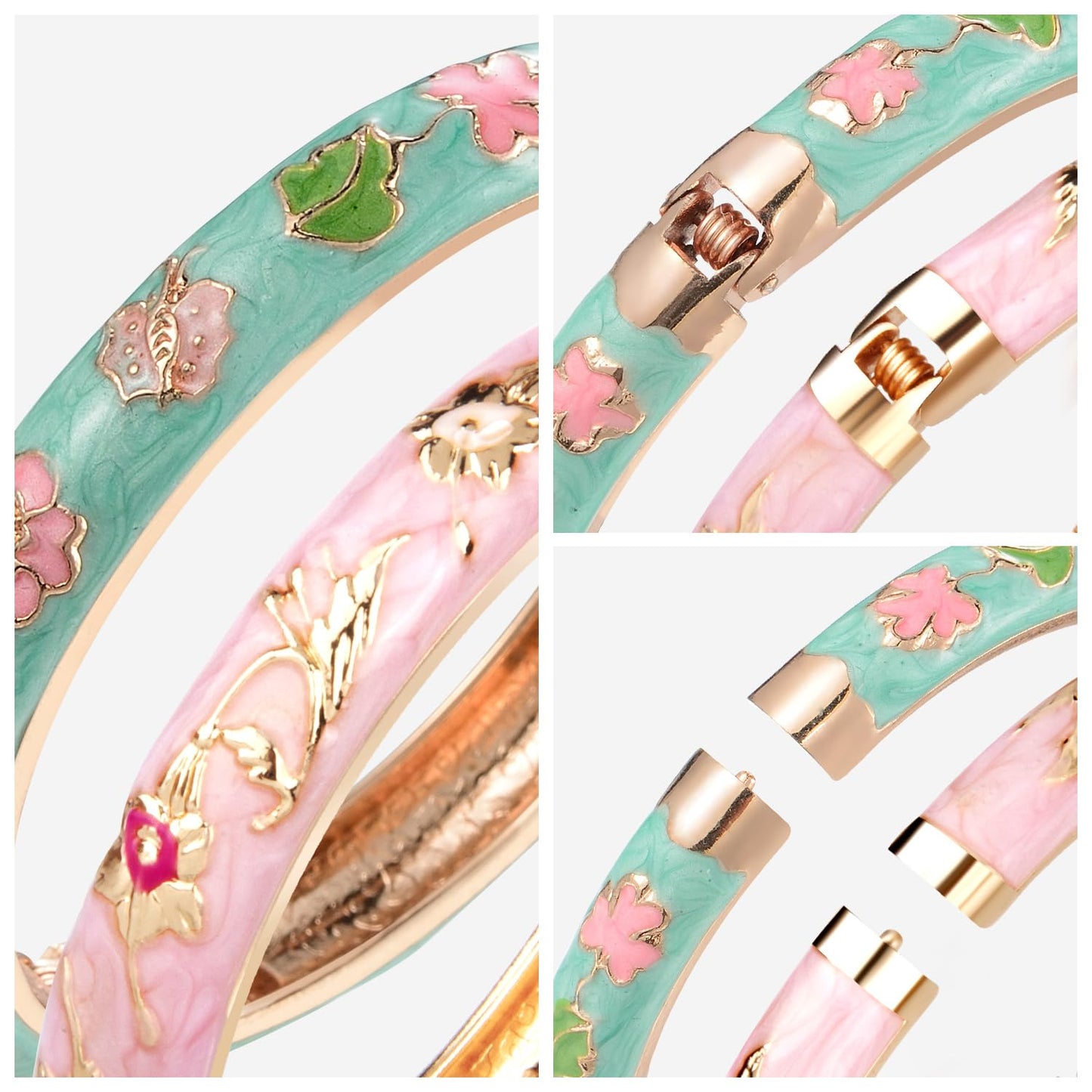 UJOY Cloisonne Bracelet Butterfly Gold Hinged Indian Bangles Flower Enamel Jewelry Bracelets Gift for Women 55A67-55A81 Green Pink