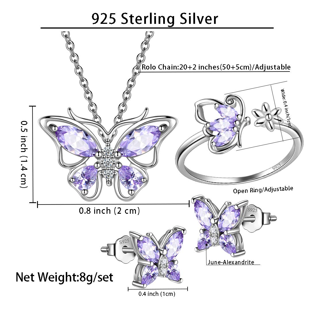 Hipunk Butterfly Blue Jewelry Sets Birthstone Women 925 Sterling Silver June-Alexandrite Birth Stone Animal Butterflies Jewelry Sets/Earring/Ring Set Crystal Birthday Jewelry SS0002U