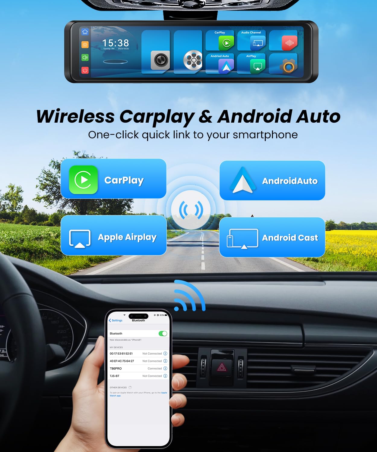 4K Rear View Mirror Camera with Carplay & Android Auto: 11.26" Smart Touch Screen Mirror Dash Cam Front and Rear with Voice Control, Parking Monitor, Reverse Assist for Car Truck SUV Van (64GB Card)