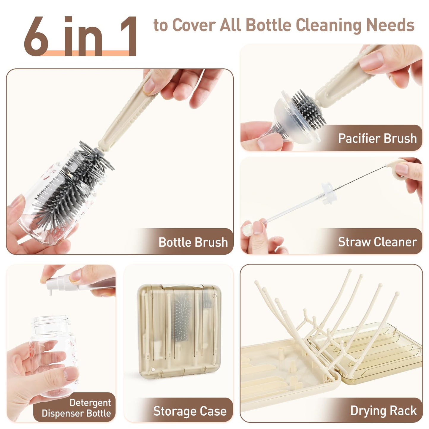Baby Bottle Brush Set, 6-in-1 Travel Bottle Cleaning Kit with Silicone Bottle Brush, Nipple & Straw Brush, Soap Dispenser, Drying Rack, Storage Box – Compact Travel Baby Essential for Home & On-The-Go
