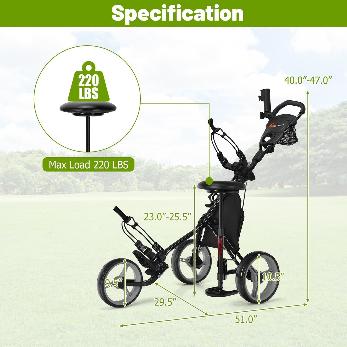 Goplus 3 Wheel Golf Push Cart, Lightweight Foldable Caddy Cart w/Adjustable Seat, Handle, Umbrella Holder, Foot Brake, Golf Trolley for Golf Bags, Collapsible Golf Pull Cart for Men Women (Grey)