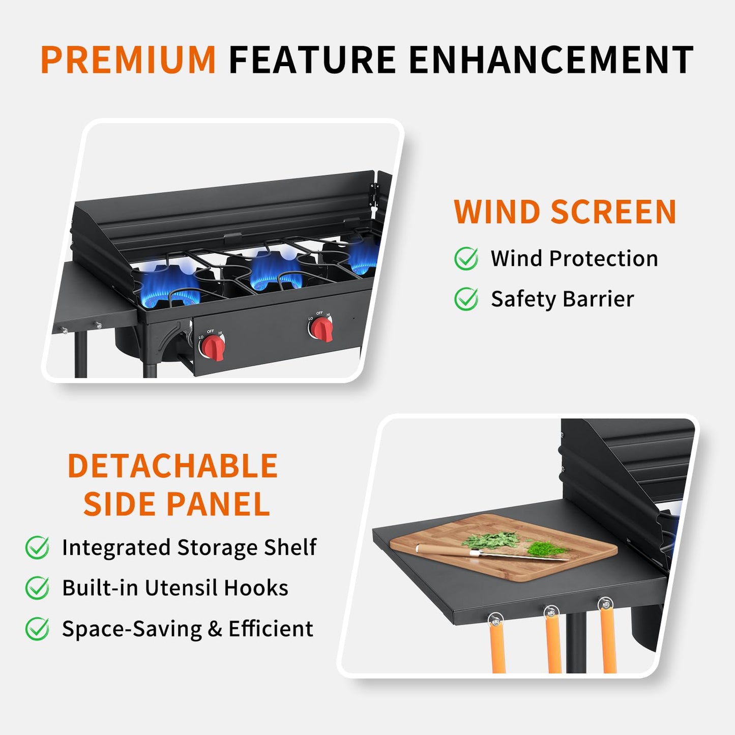 SKOK 3 Burners Portable Propane Stove with Wind Panel&Side Shelves, Camping Propane Stove, Outdoor Stove for Camping