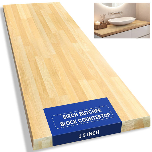 3ft Butcher Block Countertop– 36"x25" Solid Birch Wood DIY Countertop, Durable Counter Table Tops for Kitchen Island, Bar, Workshop, Laundry Counters Dining Room Tables 1.5" Thick Unfinished