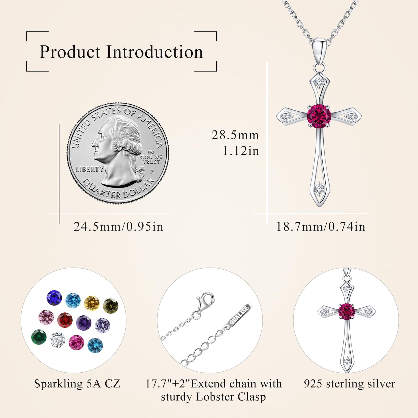 QUALISE Cross Necklace for Women,925 Sterling Silver July Birthstone Necklace Cross Pendant 5A CZ 12 Birth Months Birthstone Fine Ruby Jewelry Birthday Gifts for Her Wife Mom