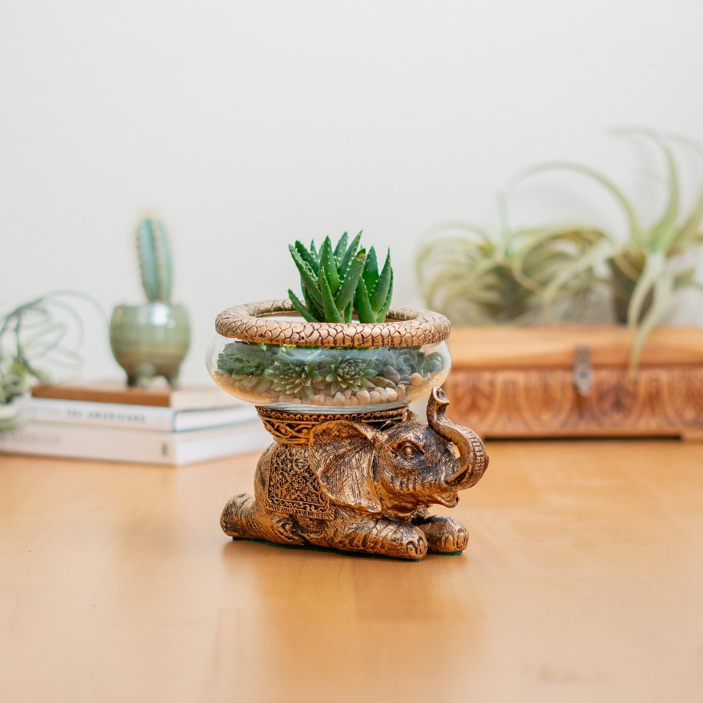 The Nifty Nook Good Luck Elephant Glass Bowl Gold Antiqued Polyresin Decorative Figurine with Removable Glass Bowl Terrarium, Candle Holder, or Tabletop Aquarium Home Decor with Gift Box