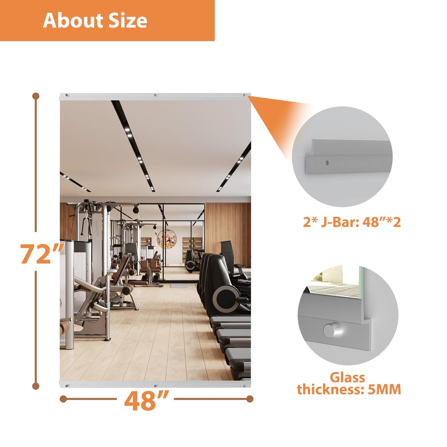 ROOMTEC Home Gym Mirror 72"x48" Frameless Wall Mounted Fitness Mirror, Large Tempered Glass Full Length for Yoga, Dance Studio, Workout Room