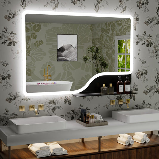 32"x 48" LED Bathroom Mirror with Shelf, 3 Colors Backlit Vanity Mirror with Lights, Wall-Mounted Large Bathroom Mirror with Lights, Smart Mirror with Anti-Fog, Stepless Dimmable, Memory (UL, ETL)