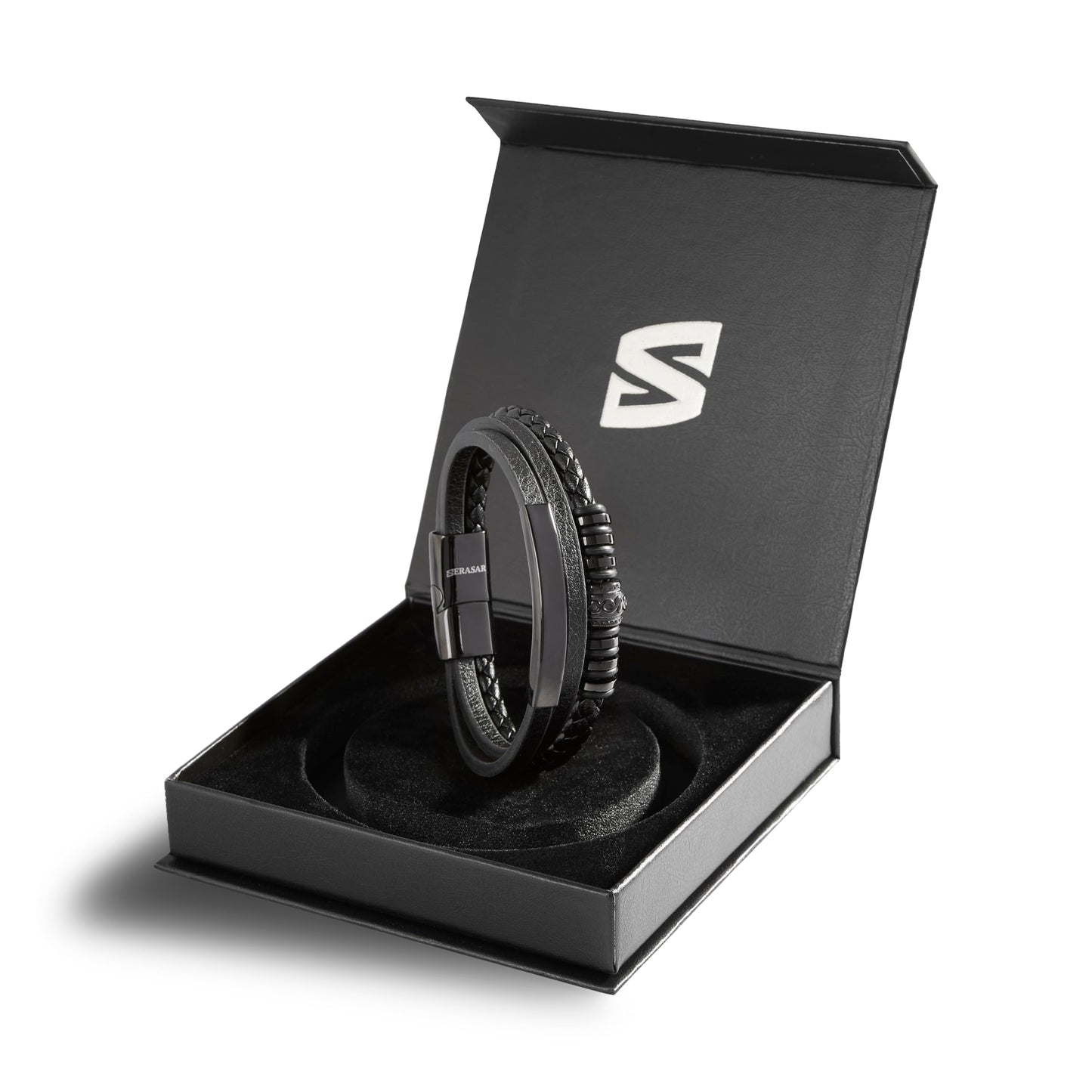 SERASAR Mens Leather Bracelets African Bracelet for Men Black Cowhide Gift Box Braided Stainless Steel Jewelry Wrist Band Cuff Wrap Rope Bangle Dad Man Pulseras para Hombres Cuero Regalo