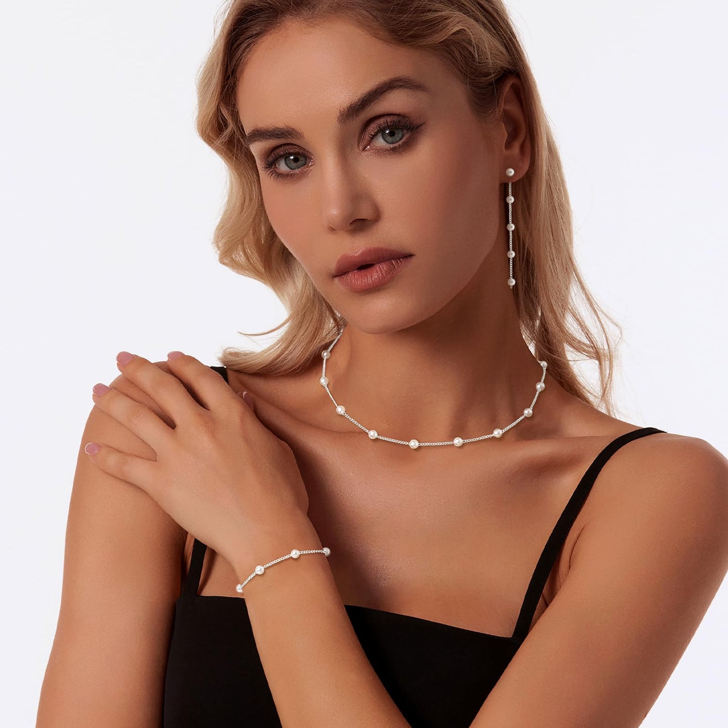 Zeffy Silver Jewelry Set for Women Dainty Pearl Necklace and Earring Set Pearls Drop Dangle Earrings Pearls Bracelets Wedding Pearl Jewelry Gift for Brides Gift 3pcs