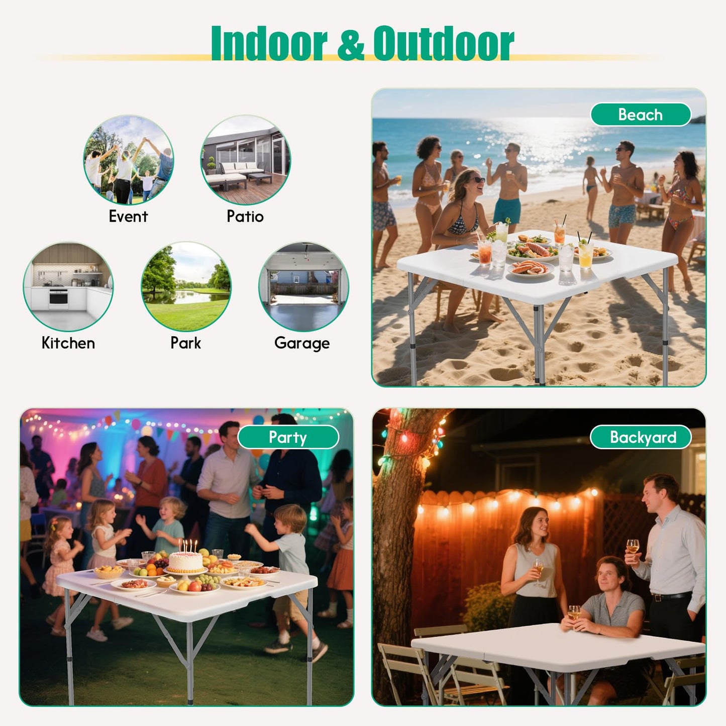 HLPB 34'' Square Folding Card Table, Fold-in-Half Portable Dining Table with Handle and Safety Lock, Foldable Plastic Dining Table Indoor Outdoor for Camping, Picnic and Party Event, White