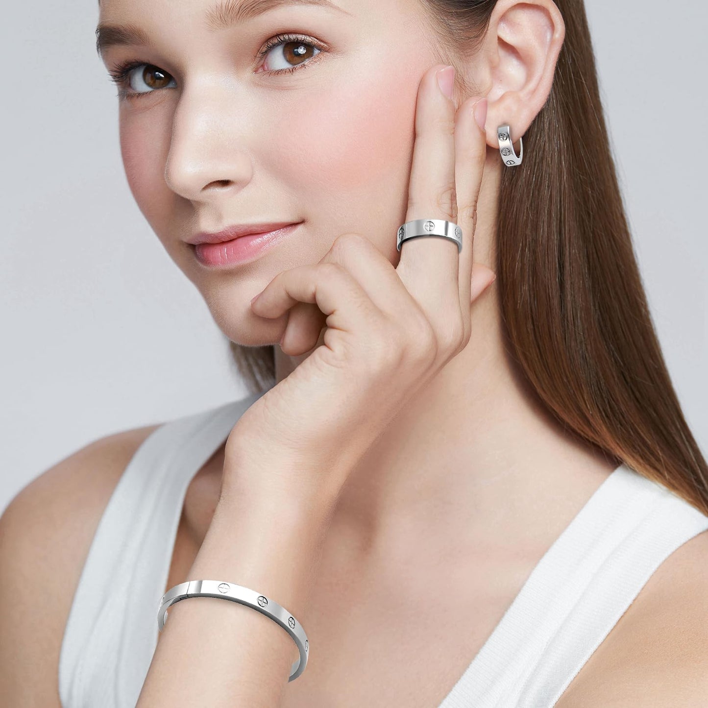 3 Pcs Hoop Earrings Bracelets Ring Sets for Women-18K Gold Plated Love Bracelet Cubic Zirconia Cuff Bangle Hoop Earrings Friendship Love Ring Jewelry Set,Wedding Party Christmas Valentine's Day Birthday Gifts for Her Girlfriend Sister Daughter