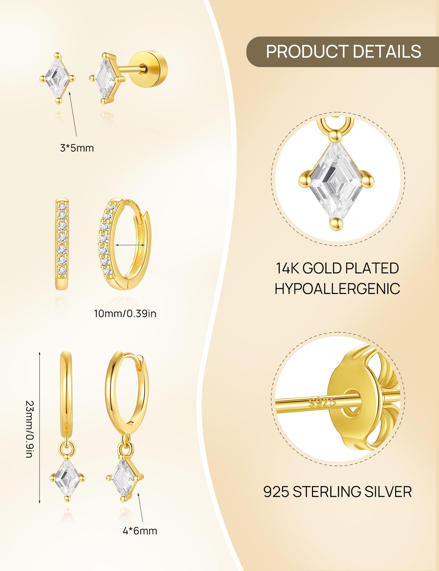 Angelady 3 Pairs 14K Gold Plated Hoop Earrings Set for Women, Dainty Hypoallergenic Dangle Huggie Earring, Trendy Small Earring Stack, Flat Back Stud Earring Jewelry Gifts for Women
