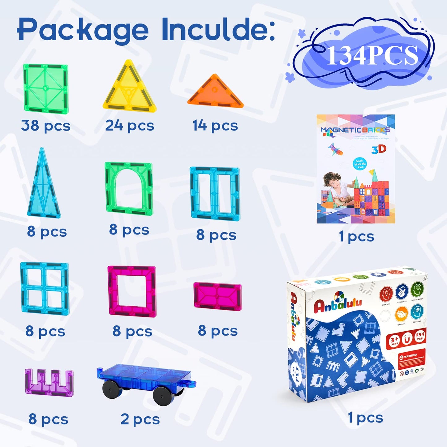 Anbalulu 134PCS Magnetic Building Tiles: Durable STEM Toys with Strong Magnets for Kids, Educational Building Blocks for Group Play Activities | Gift for Boys Girls 3+