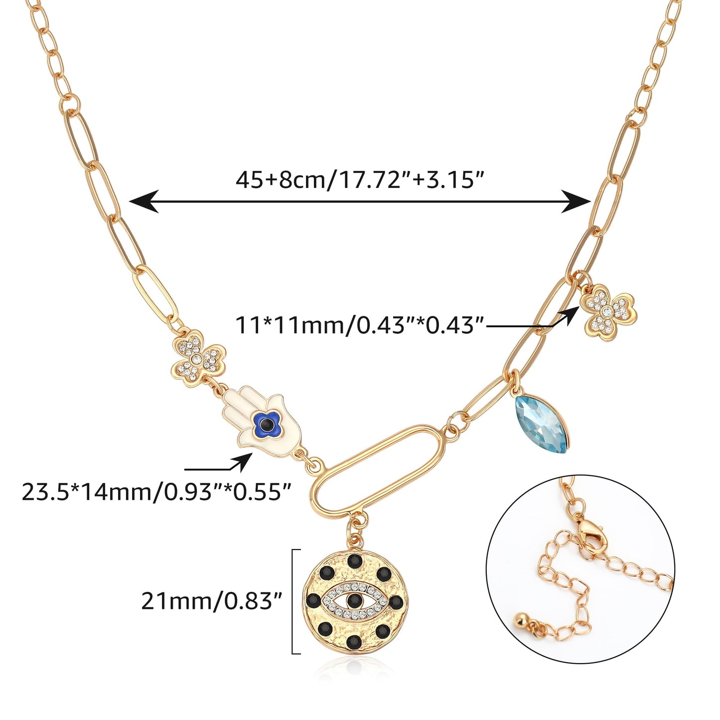 MISS RIGHT Charm Necklace for Women Dainty Gold Evil Eye Hamsa Hand Coin Lucky Pendant Vintage Paperclip Chain Clover Flower Chunky Charm Necklace Jewelry Gifts CLOVER