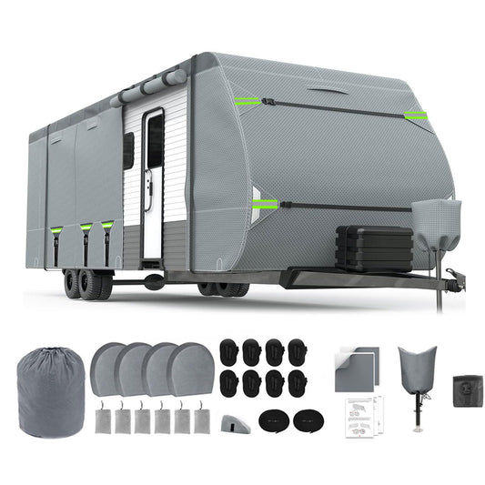 RV Cover Upgraded 8 Layers Top Camper Cover Windproof Travel Trailer Cover RV, Tire Cover,Hauler Cover with Tongue Jack Cover, Extra Long Windproof Ropes (20-22FT)