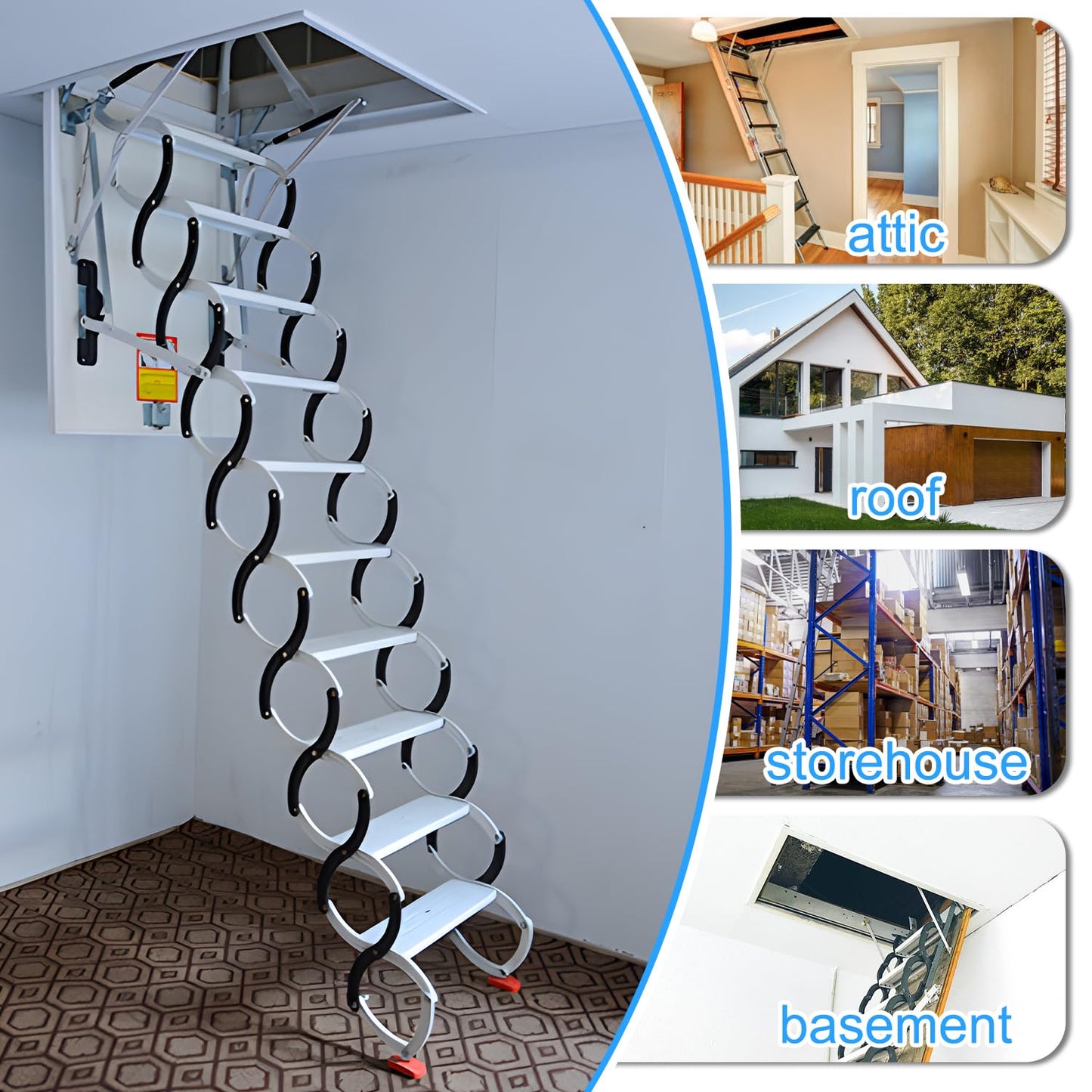 YIRCELOM Wall-Mounted Folding Stairs, 12 Steps, 3.2m Folding Loft Staircase with Handrails, Telescoping Attic Ladder with Pull Down System, Retractable Loft Ladder, Up to 600lbs, for Indoor Outdoor