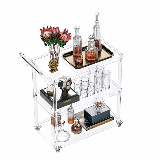 Dethan Acrylic Bar Cart with Lockable Wheels, Rolling Serving Cart with Pulling Handle, 3-Tier Clear for Home Bar, Kitchen, Living Room, Portable Beverage Space-Saving Modern Acrylic Trolley