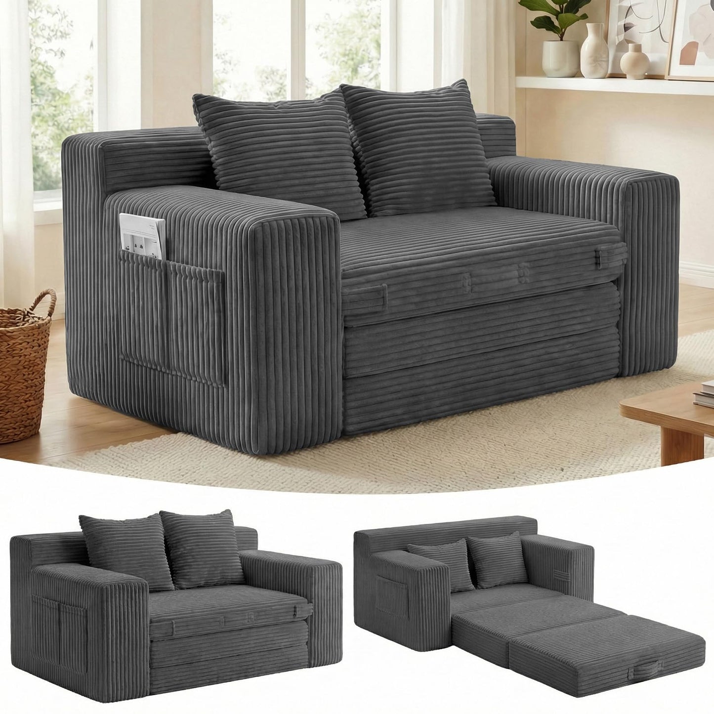 Boneless Loveseat Sleeper Sofa Bed: 3-in-1 Convertible Sofa Bed with Side Pockets & Handle,Pull Out Couch with 2 Pillows,Folding Futon for Small Space,Living Room & Bedroom,Corduroy Fabric,No Assembly