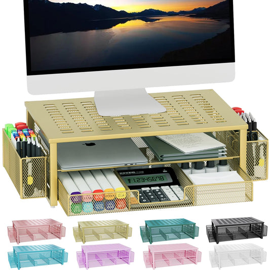 gianotter Desk Organizers and Accessories, Monitor Stand with Drawer and 2 Pen Holder, Desktop Organizer Suitable for Offices and Dormitories(Black)