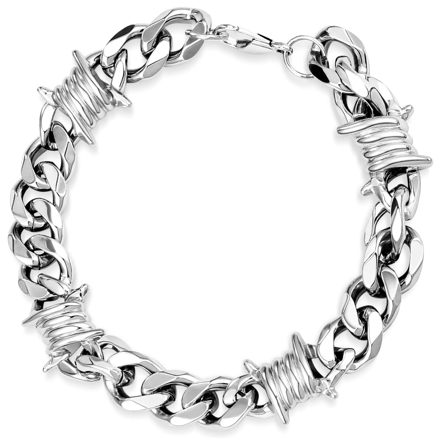 LuxGoth Stainless Steel Barbed Wire Thorns Chunky Cuban Link Chain Bracelet Gothic Punk Rock Biker Vintage Viking Brambles Link Curb Bracelet Jewelry for Men Women Silver GTS-B1B45002