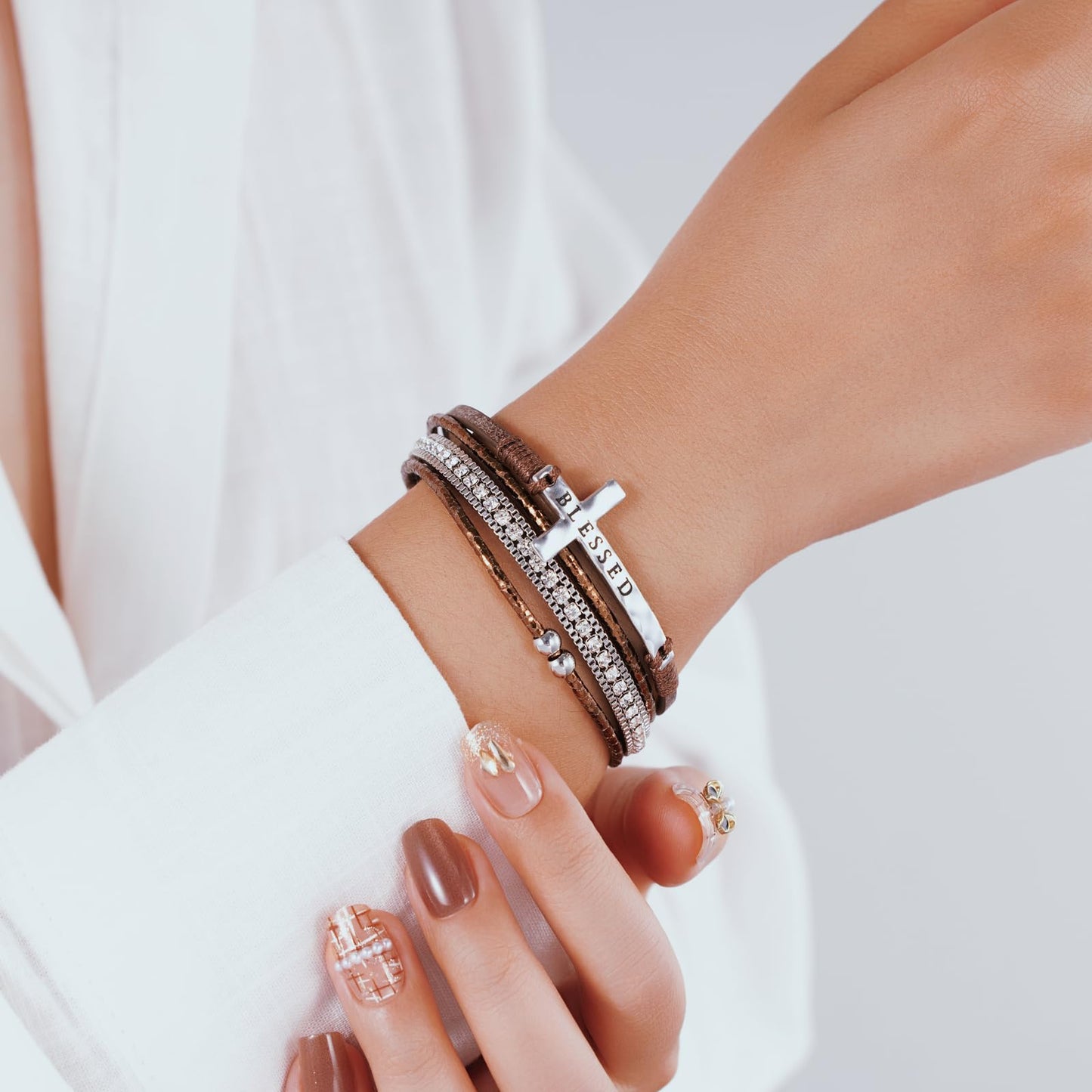 Becklynn Boho Leather Wrap Bracelets Beaded Crystal Stackable Cuff Bracelet with Magnetic Clasp Cowboy Cowgirl County Concert Outfits Western Jewelry Gifts for Women(Cross Brown)