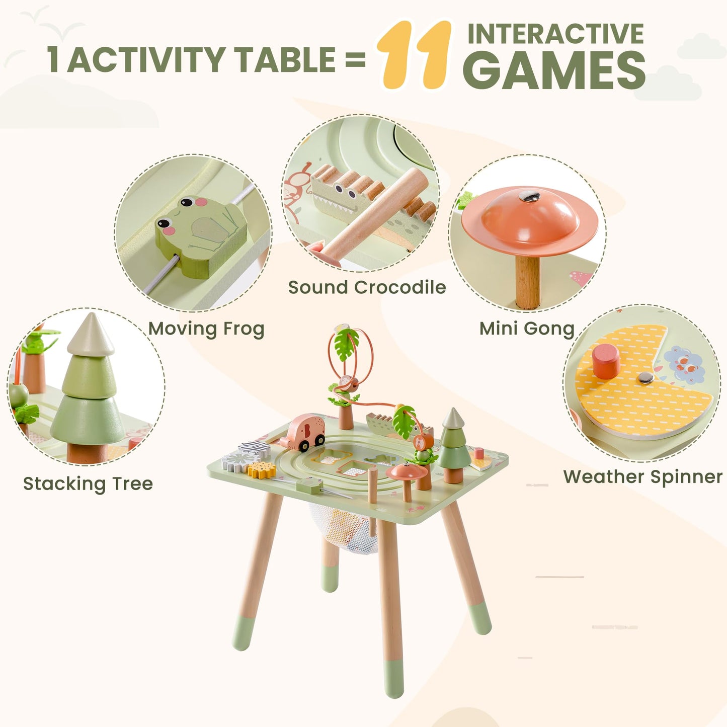 ROBUD Activity Table, 11-in-1 Montessori Learning Table with Bead Maze, Gears, Track, Shape Matching, Storage & More, Wooden Montessori Toys for Toddler, Educational Gift for Baby Boys Girls, Green