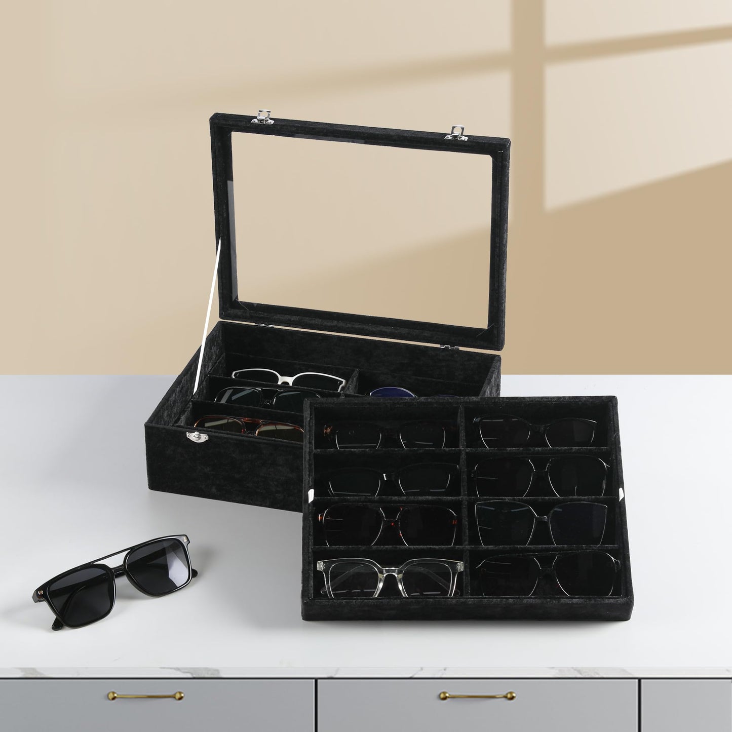 Frebeauty 16 Slots Sunglasses Organizer,2 Layer Velvet Sunglasses Tray with Glass Lid,Multiple Pairs Sunglass Display Case for Man or Woman,13.7 * 10.25 * 4.1 Inches Eyeglass/Eyewear Box (Black)