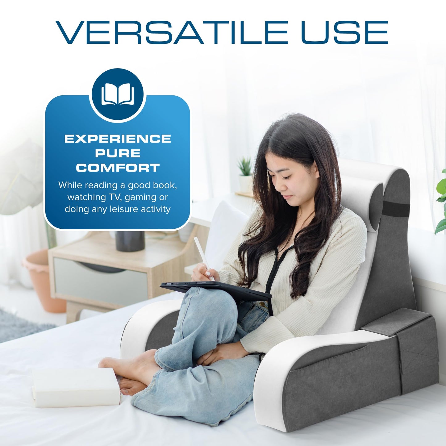 Kolbs Wedge Reading Pillow for Bed, Cushion with Arms for TV, Books, Nursing, Back - Bed Pillow for Sitting Up in Comfort, Plush Backrest. Bed Chair, Sit Up in Comfort (19" Gray/White)