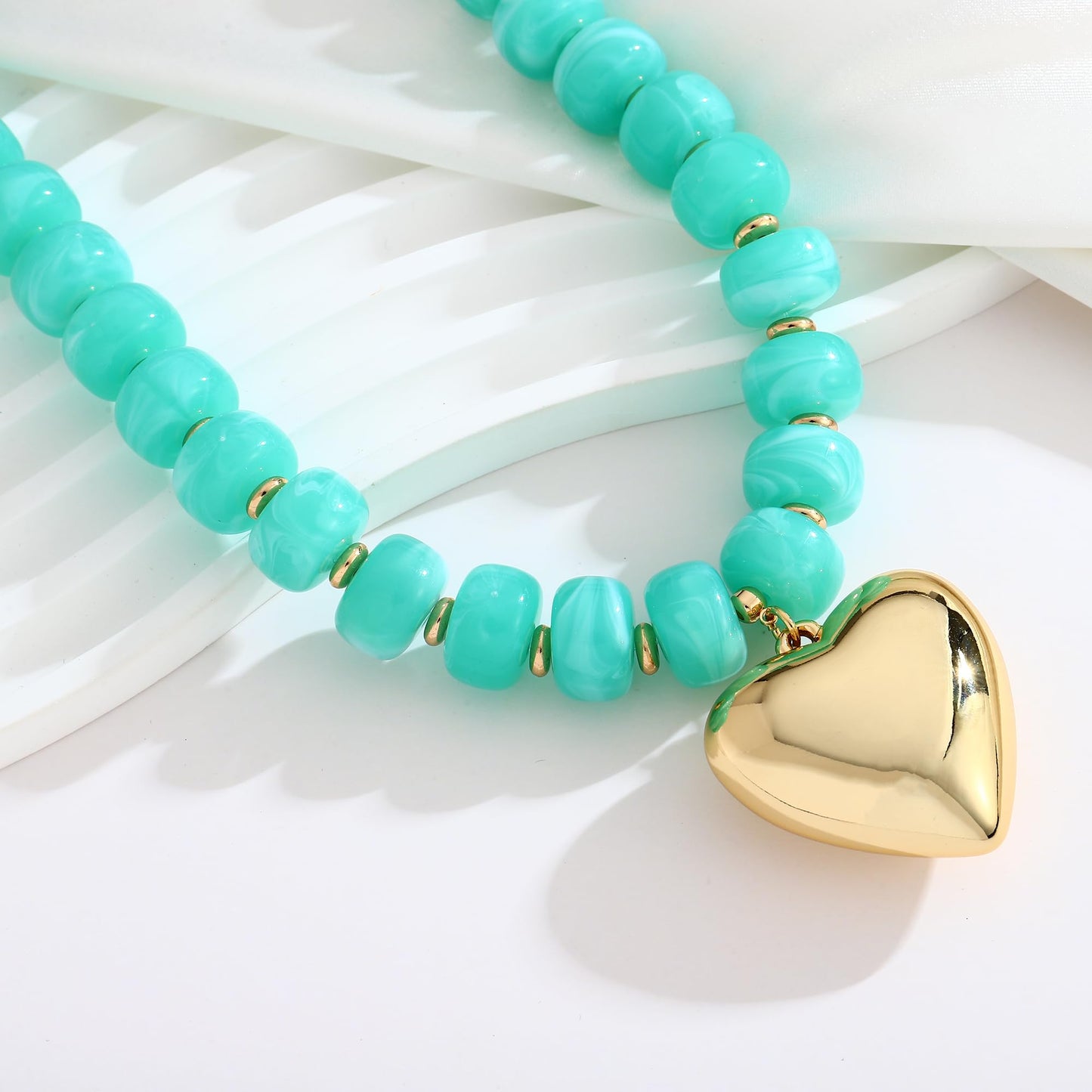 ENSKEFEN Heart Necklace for Women Boho Lake Blue Resin Beaded Choker Gold Heart Pendant Necklaces Fashion Chunky Statement Necklace Acrylic Jewelry