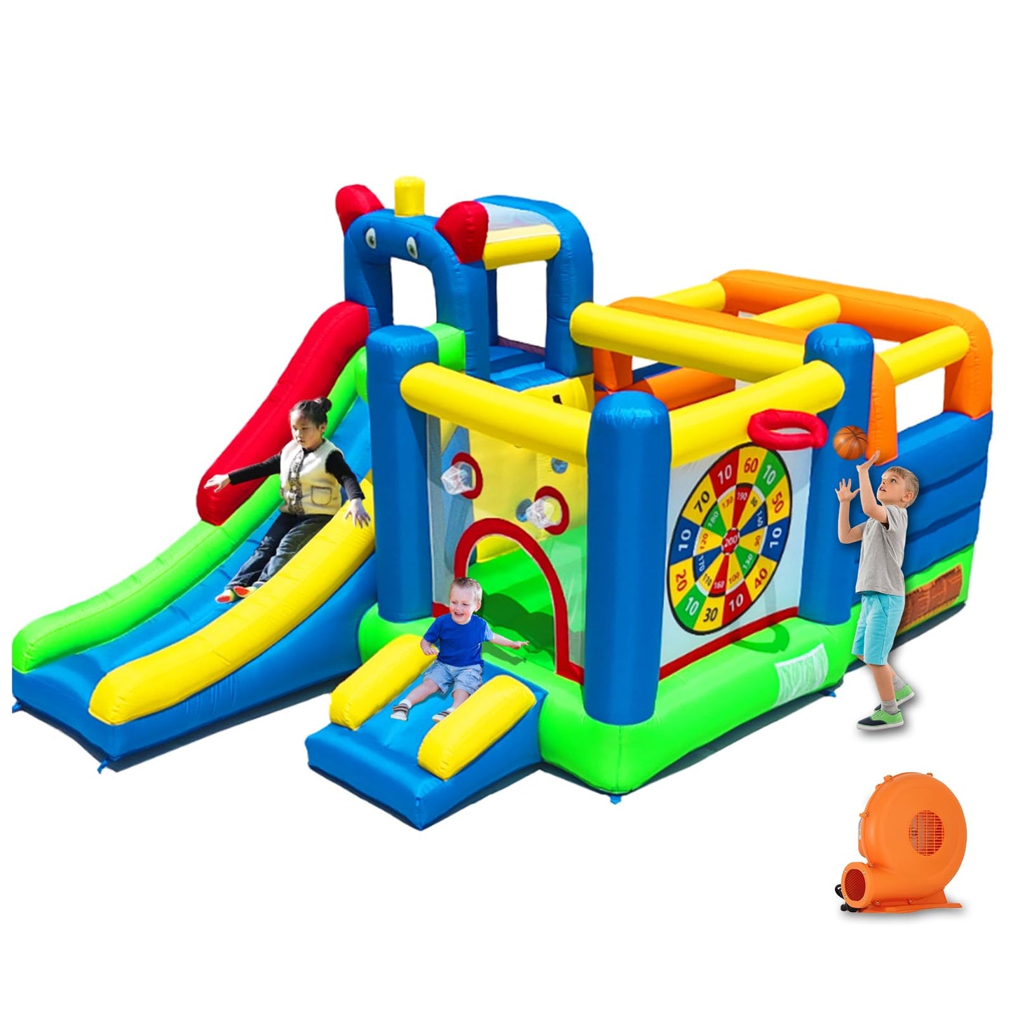 HuaKastro Bounce House - Inflatable Playground with Crossbar Obstacle on Large Bouncy Area, 1x Tall & 1x Small Slide, Giant Dart Board, Climbing Wall - for Indoor Outdoor Kids Party Family Gatherings
