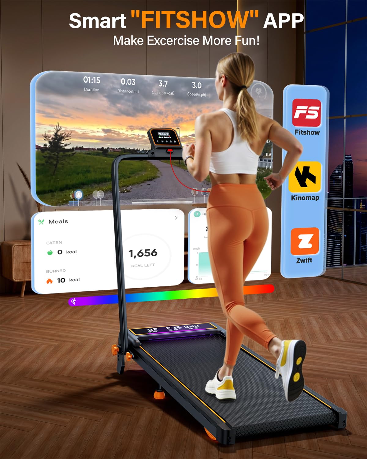 Treadmill Walking Pad with 15% Incline/Handle Bar/2 LED Display, 3.5HP Portable Treadmills for Home Small, Foldable Walking Pad Treadmill 350+lb Capacity, Smart App, 4 Adjustable Incline, RGB Light