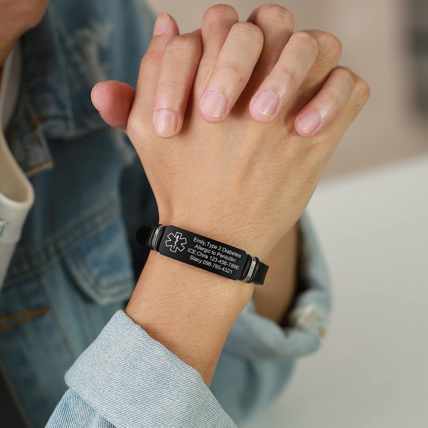 VNOX Black Medical Alert Bracelets for Men & Women with Adjustable Sport Silicone Medical ID Bracelets Wristband
