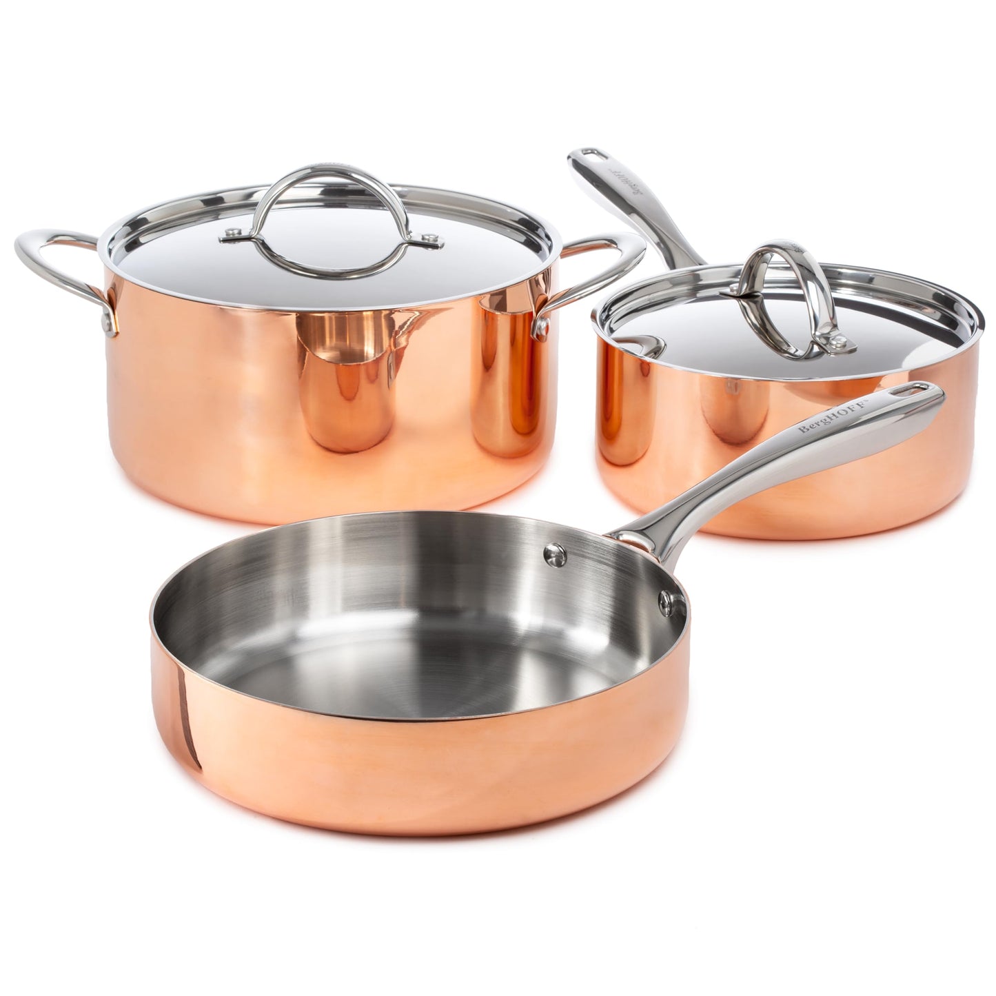 BergHOFF Vintage 5Pc Tri-Ply Copper 18/10 Stainless Steel Cookware Large Sized Set With Matching Lids, Polished, Long Ergonomic Shaped Handle, 3-layer Base, Gold