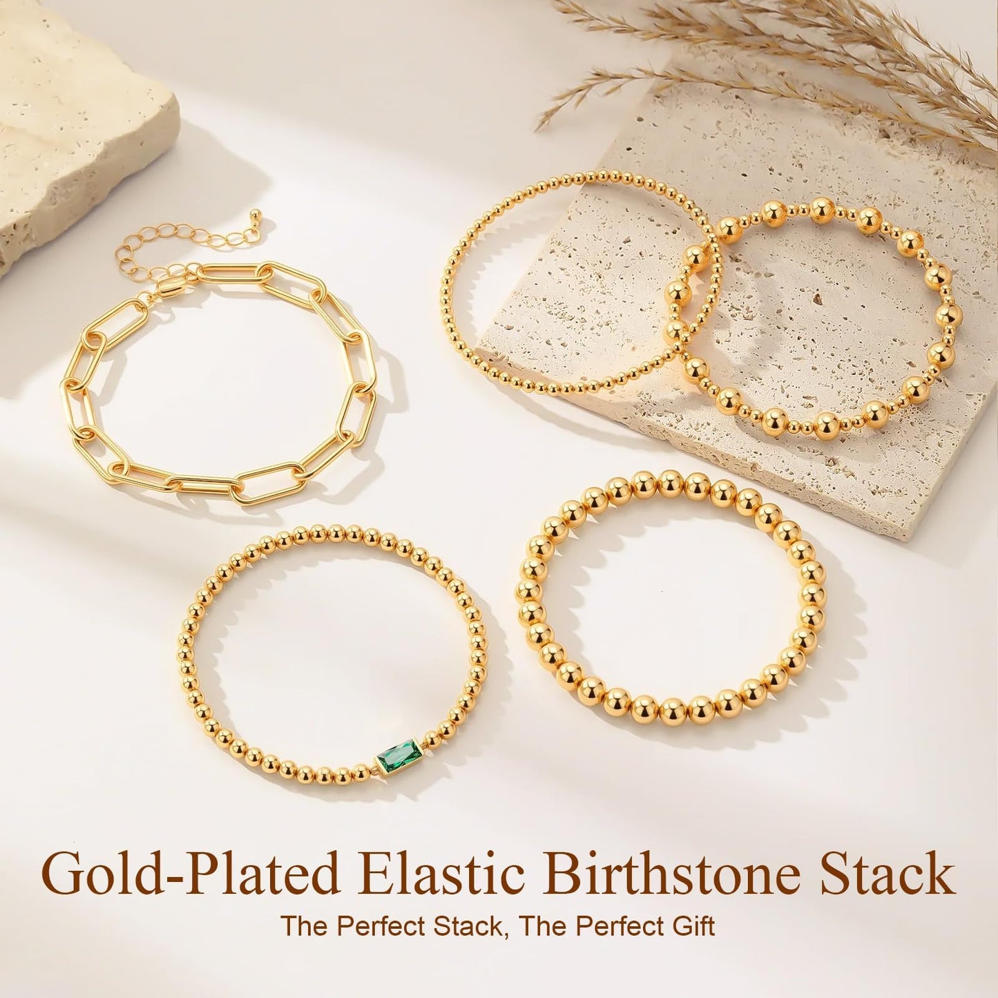 5 PCS Gold Bracelets for Women, Dainty Birthstone Bracelet 14K Gold Plated Stackable Paperclip Cuban Link Chain Bead Bracelets, Fashion Trendy Jewelry Sets Birthday Gifts