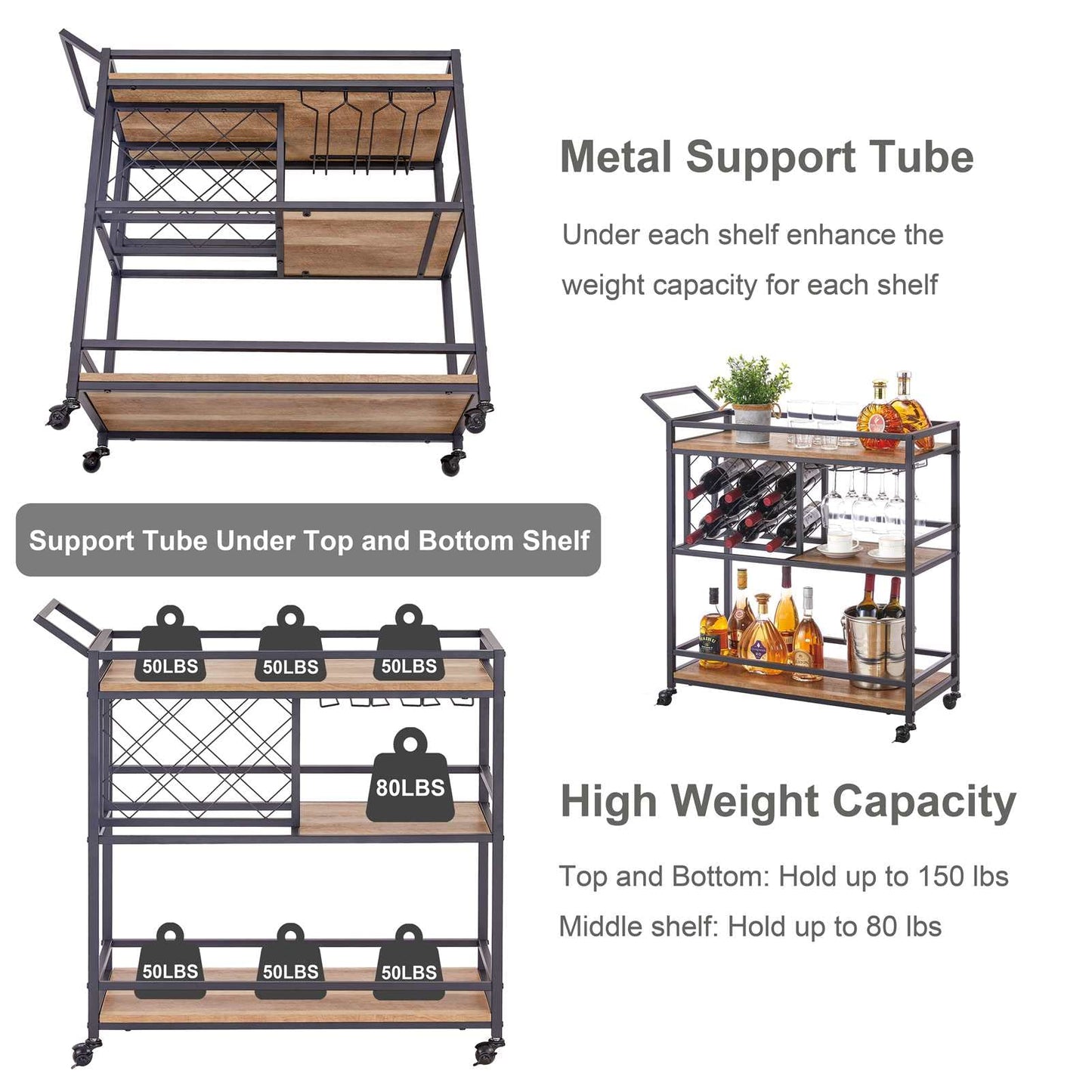 FATORRI Bar Cart for The Home, Rolling Wine Carts on Wheels with 3 Tier Wood Shelves, Liquor Beverage Cart with Wine Rack and Glass Holder (Rustic Oak)
