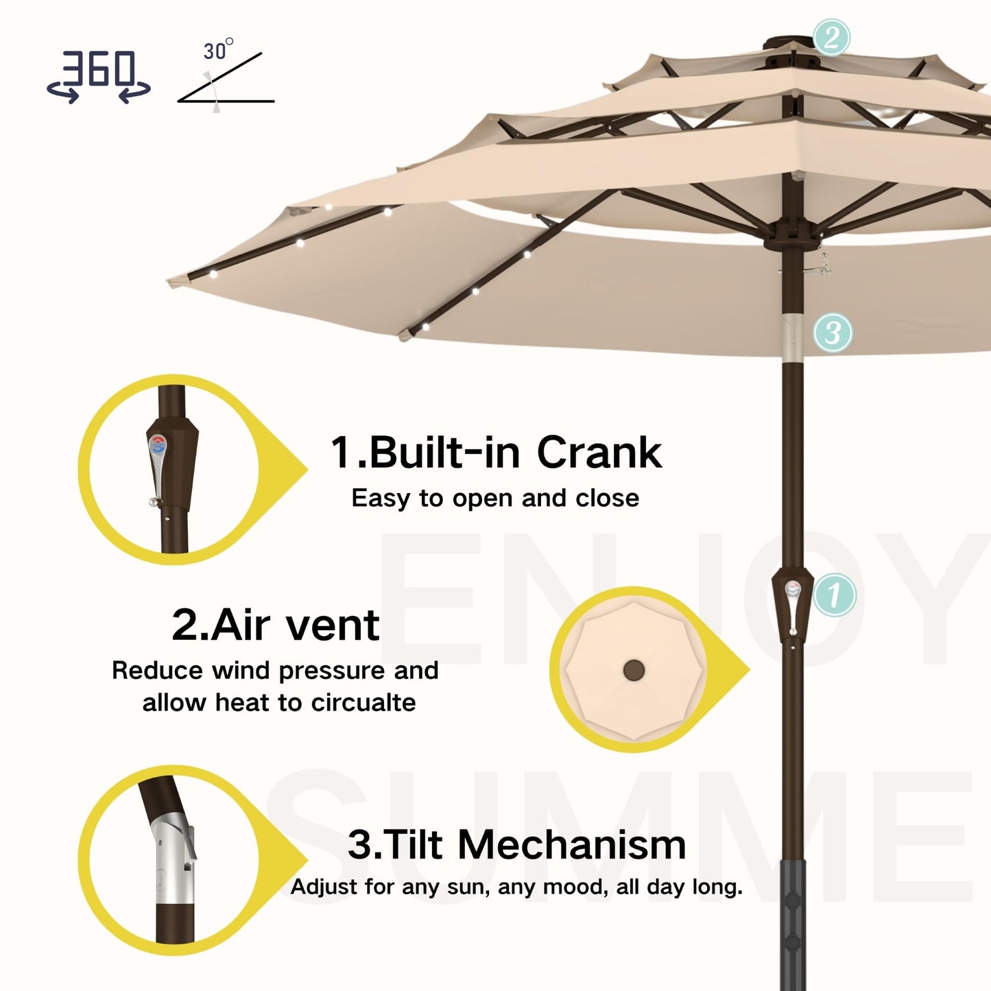 Kingdura 9ft 3-Tier Patio Umbrella with Solar Lights, Table Umbrella Outdoor Patio with Easy Crank & Tilt, 8 Sturdy Ribs, UV Protection, 32 LED Lights for Deck, Poolside, Market (Beige)
