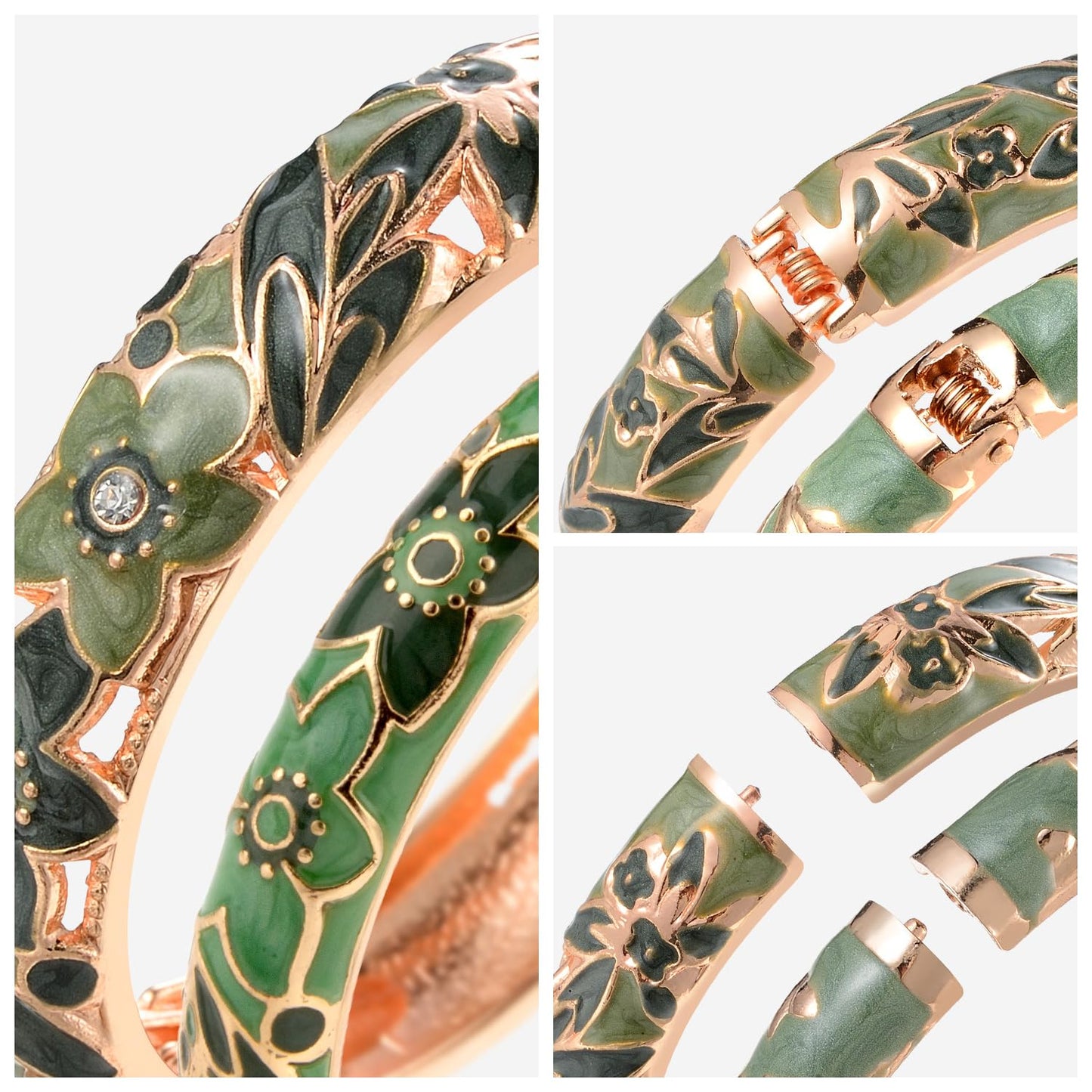 wynameleri Vintage Cloisonne Jewelry Gorgeous Rhinestone Handcrafted Bracelets Enamel Flower Bird Gold Hinged Cuff Bangles Gifts 88A11-55A101 green