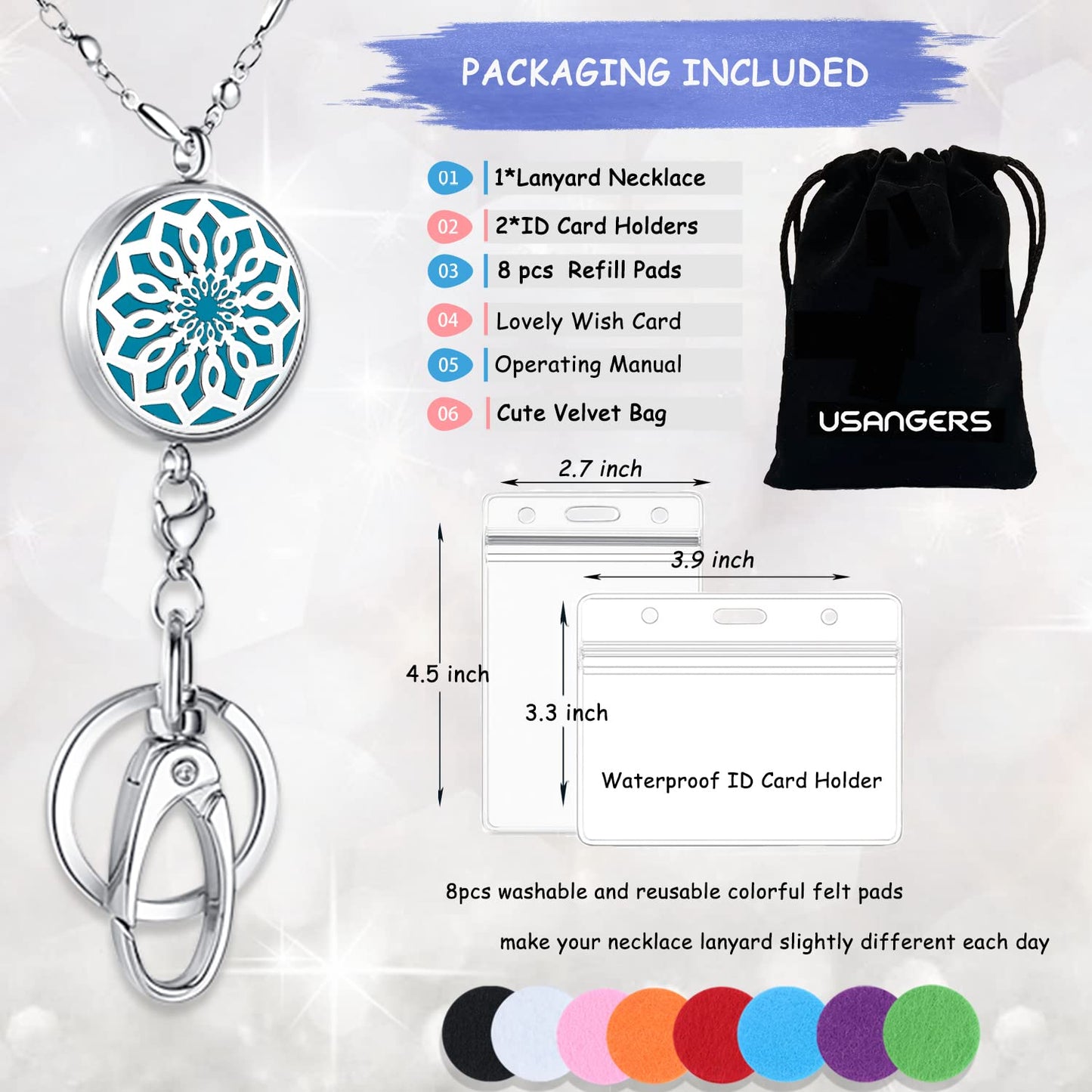 USANGERS Lanyards for ID Badges Women ID Badge Holder with Lanyard Keychain Long Bling Stainless Steel Silver Chain Nurse Nursing Office Work Jewelry Diffuser Necklace Teacher Lanyard Gifts Flower