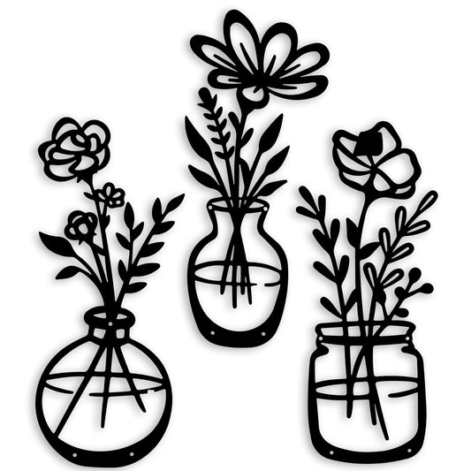 3 Pieces Black Metal Flowers Wall Decor Grandma Mothers Day Gift Birthday Gifts for Women Wall Art Metal Wall Sculptures Hanging for Indoor Kitchen Bathroom Bedroom living room 14.56x5.9 inches
