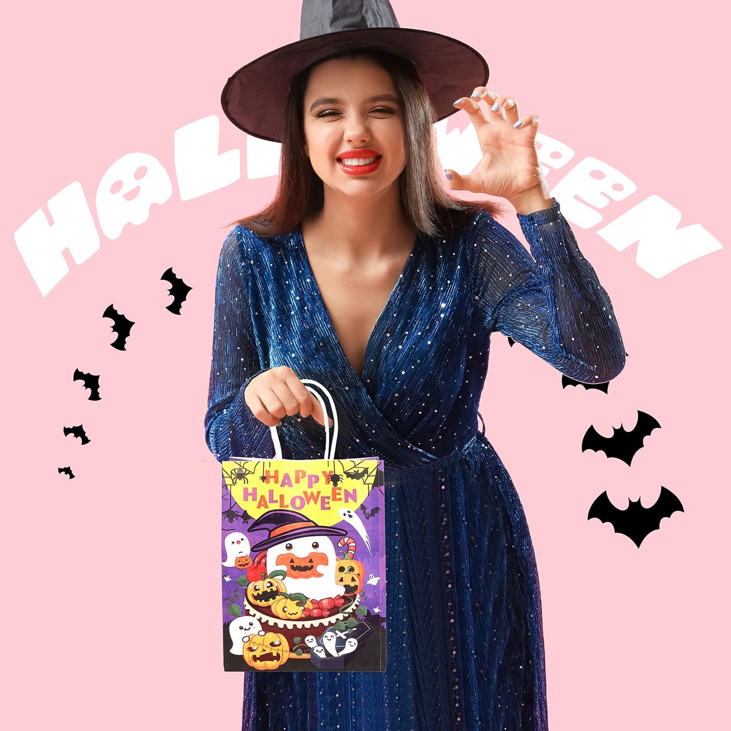 24Pcs Purple Halloween Paper Gift Bags and 24 Sheets Tissue Paper, Halloween Party Bags with Handle Candy Goodie Bags for Trick & Treat Party Supplies