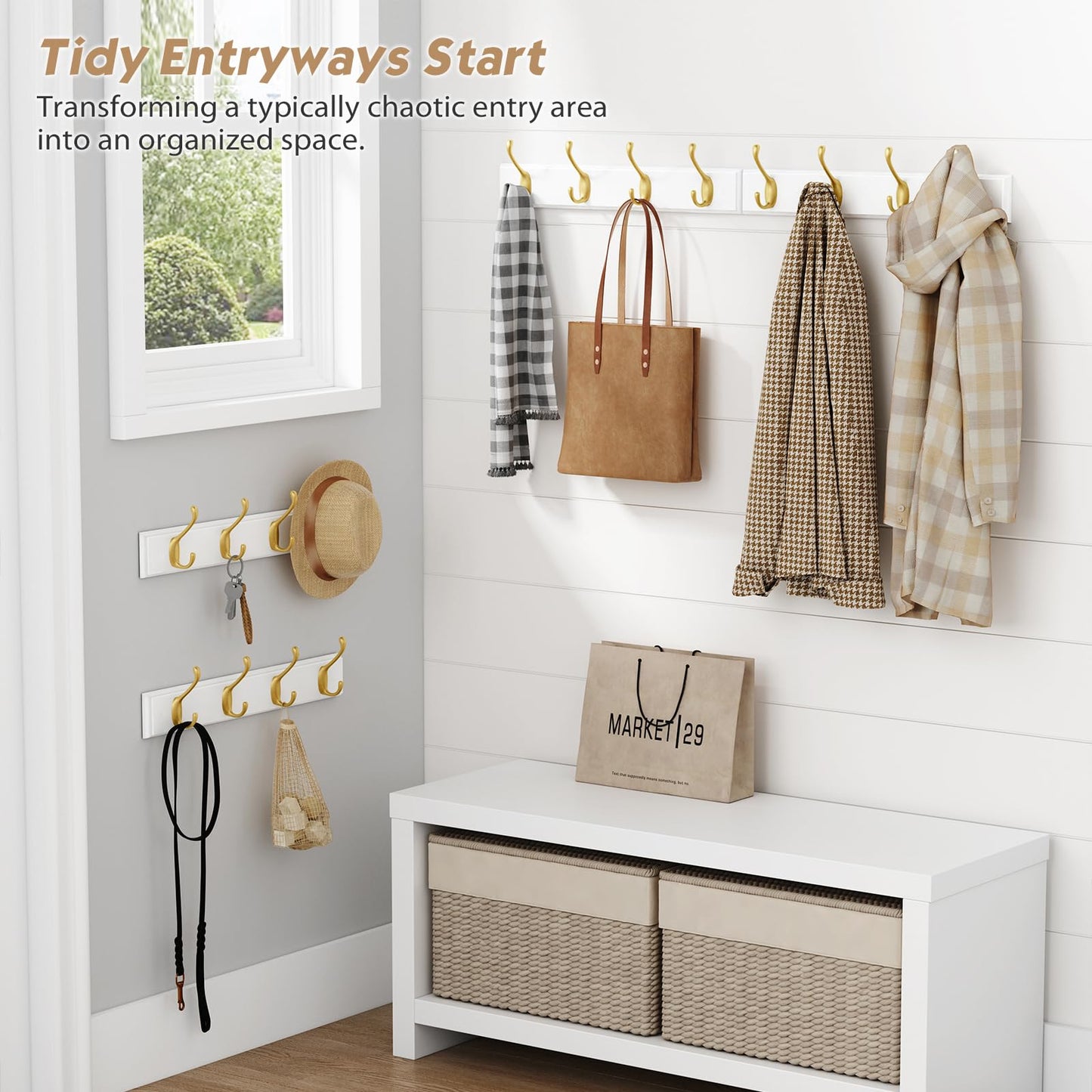 Forbena Gold Coat Rack Wall Mount, Decorative Coat Hooks for Wall, Heavy Duty Coat Hanger Key Holder for Hanging Hats, Coats, Purses, Bags Bathroom, Teen Grils Room (White and Gold, 4 x 4 Hook)