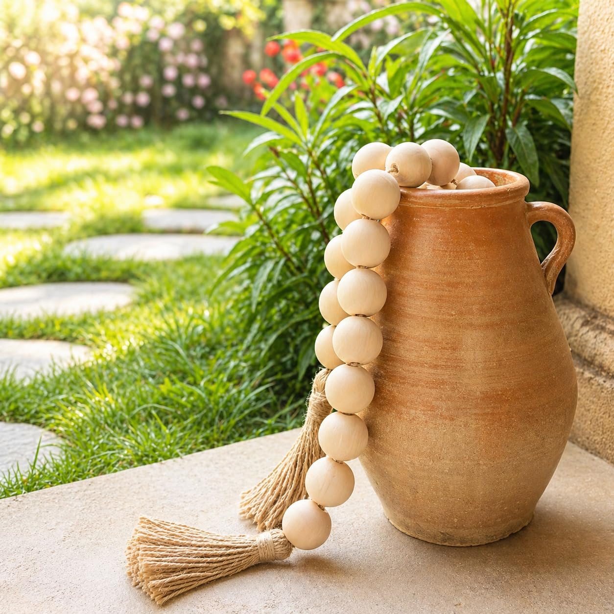 OMISHE 50" Long Extra Large Wood Bead Garland with 1.6" Diameter Wooden Beads and Tassels, Rustic Farmhouse Country Decorative Beads for Home Decor Tiered Tray Decor, Natural Beige