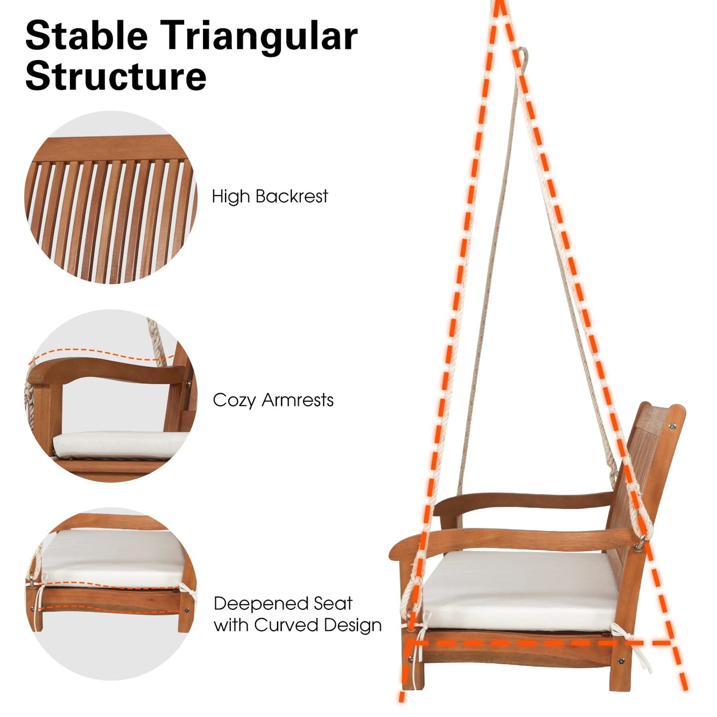 Tangkula 2 Person Hanging Porch Swing, Outdoor Bench Swing with Hanging Ropes, High Back, Cozy Armrests, Heavy Duty 800Lbs Wooden Hanging Swing Chair with Cushion for Backyard, Deck, Garden Natural