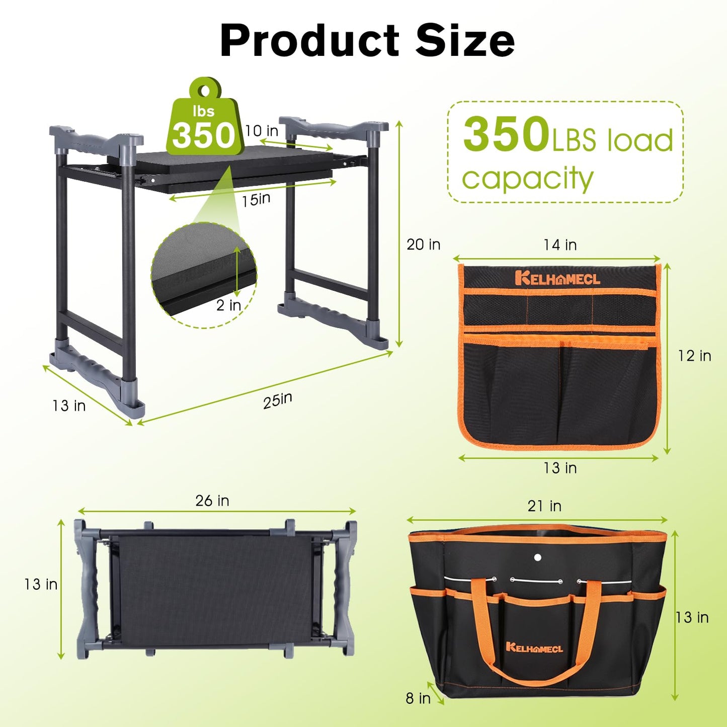 KELHOMECL Garden Kneeler and Seat with Umbrella, 2-in-1 Foldable Gardening Stool with Adjustable Bracket, Detachable Tool Bags, Heavy Duty Kneeling Pad for Gardening (Black Orange)