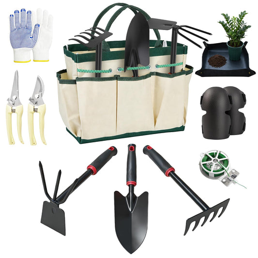 SHAOKAOLU 10 Pcs Gardening Tool Set - Heavy Duty Garden Kit with Stainless Steel Pruning Shears, Trowel Garden Tool, Kneeling Pads, Repotting Mat - Garden Tote, Ideal Gardening Gifts for Women and Men