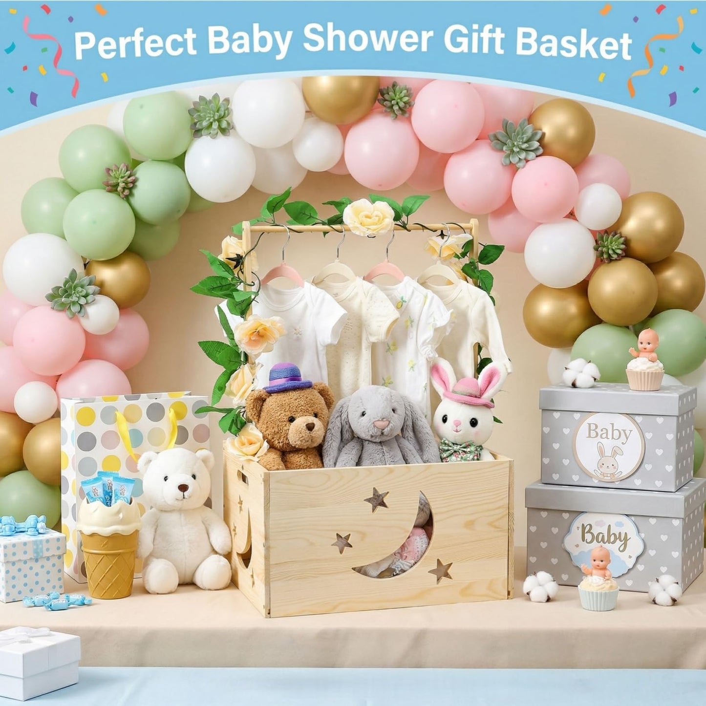 Jowgut Wooden Baby Shower Crate Closet, Large Capacity Toy Storage Basket with Handle Hanger Garland, Easy Assembly Storage Nursery Crate Hamper Personalized Gift Basket for New Parents