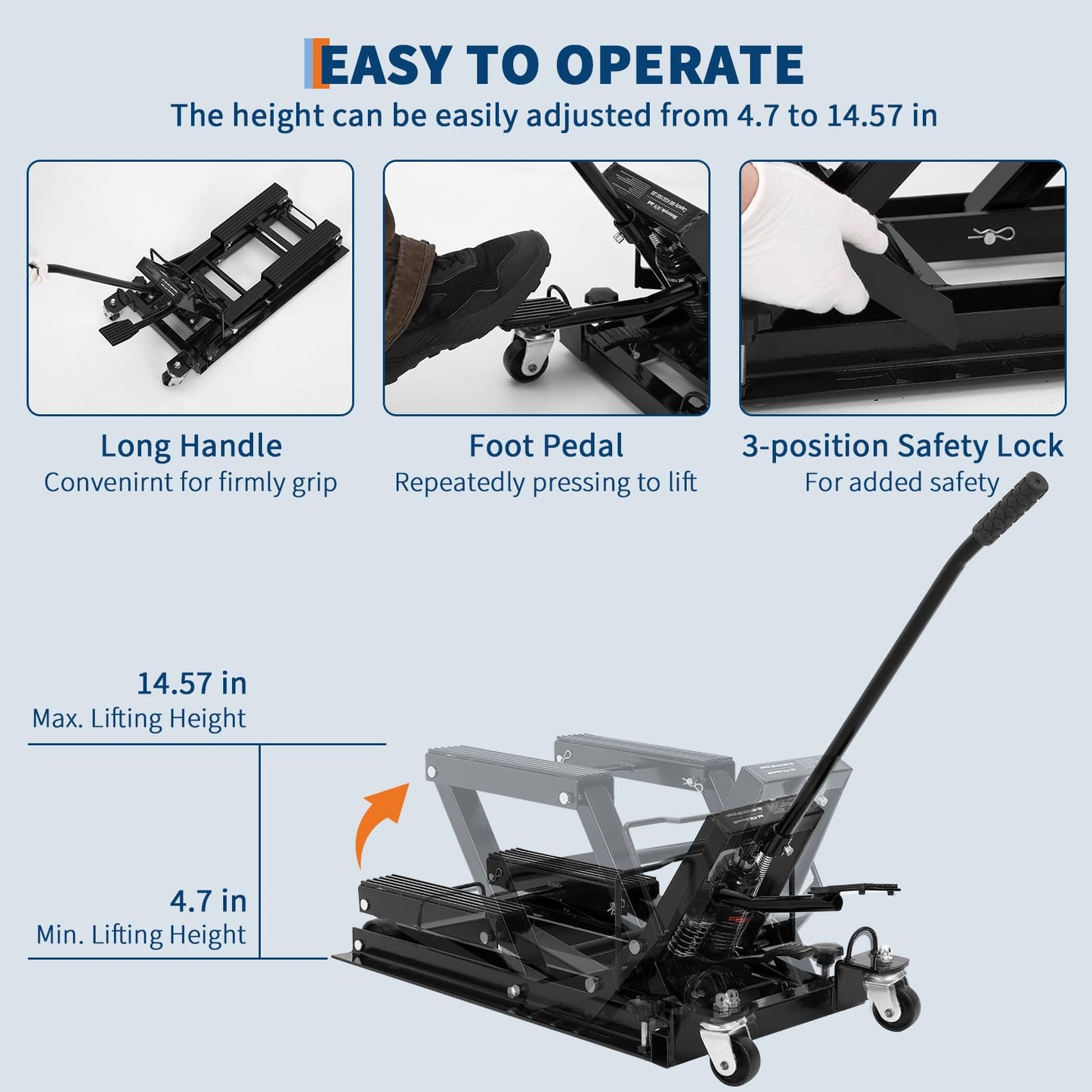 Hydraulic Motorcycle Lift Jack 1500LBS Capacity Heavy Duty ATV Scissor Lift Jack Portable Motorcycle Lift Table with 4 Wheels Hydraulic Foot-Operated Hoist Stand for ATV UTV Powersports,Black