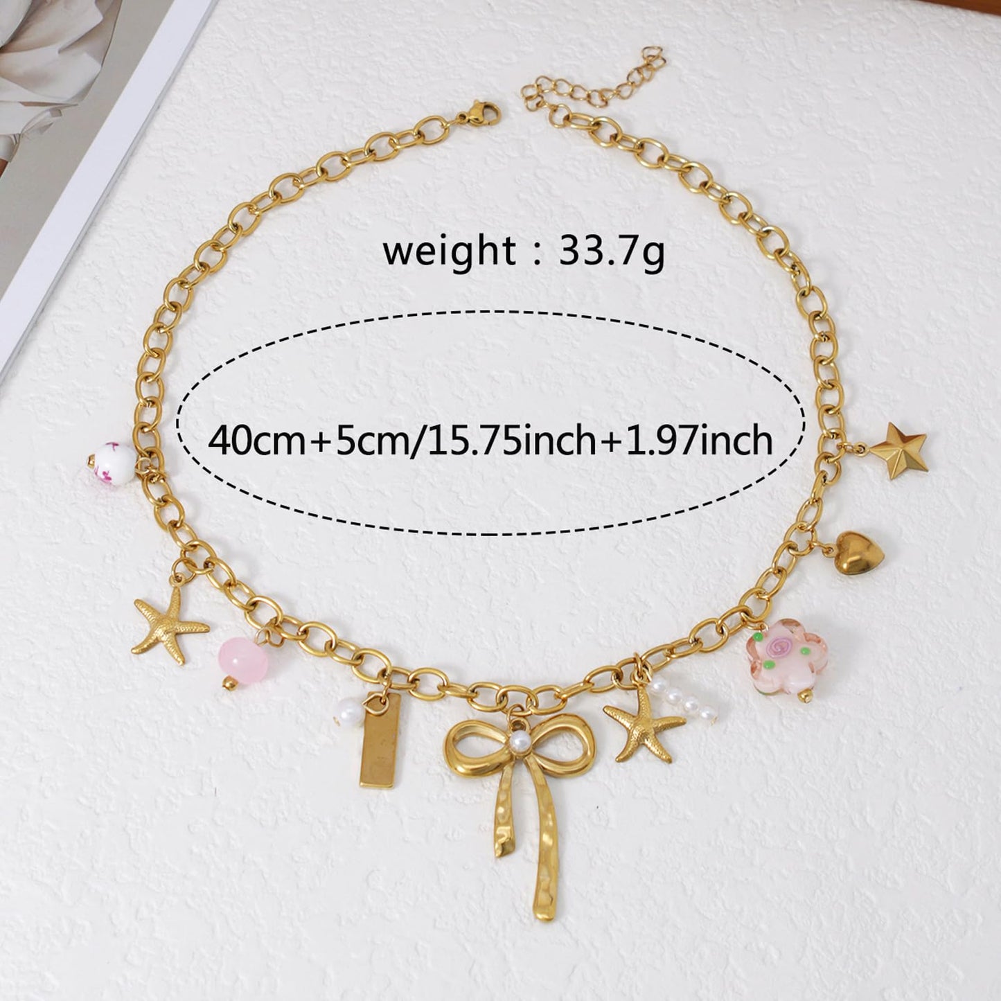 Trendy Stainless Steel Gold Plated Charm Necklace with Heart Pearl Pepper Conch Ceramic Pendant Necklace for Women Collares Chokers Jewelry (Bow Necklace)